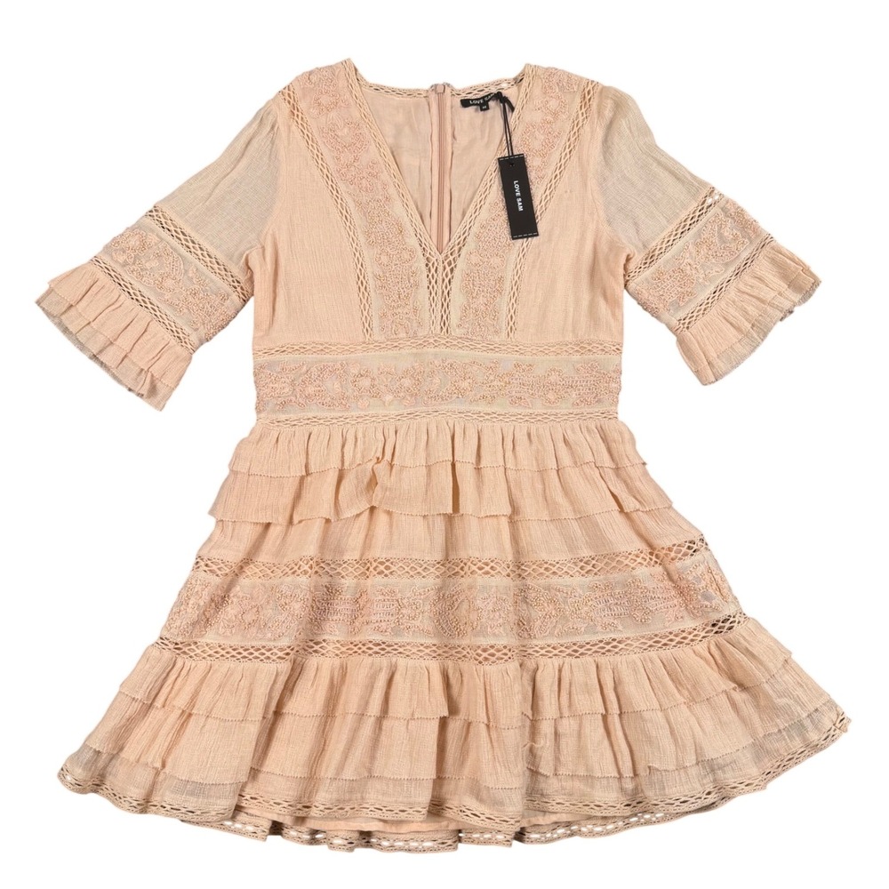 Love Sam Chateau Mini Dress Sorbet Peach Beaded Embroidered V-Neck Size M 774